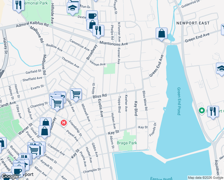 map of restaurants, bars, coffee shops, grocery stores, and more near 104 Bliss Road in Newport