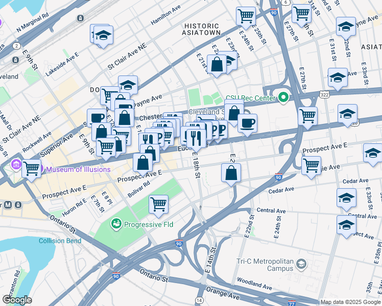map of restaurants, bars, coffee shops, grocery stores, and more near 1710 Euclid Avenue in Cleveland