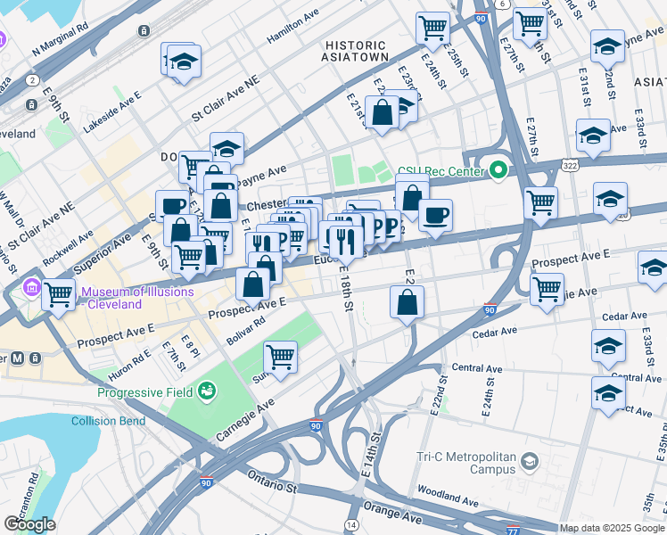 map of restaurants, bars, coffee shops, grocery stores, and more near 1710 Euclid Avenue in Cleveland