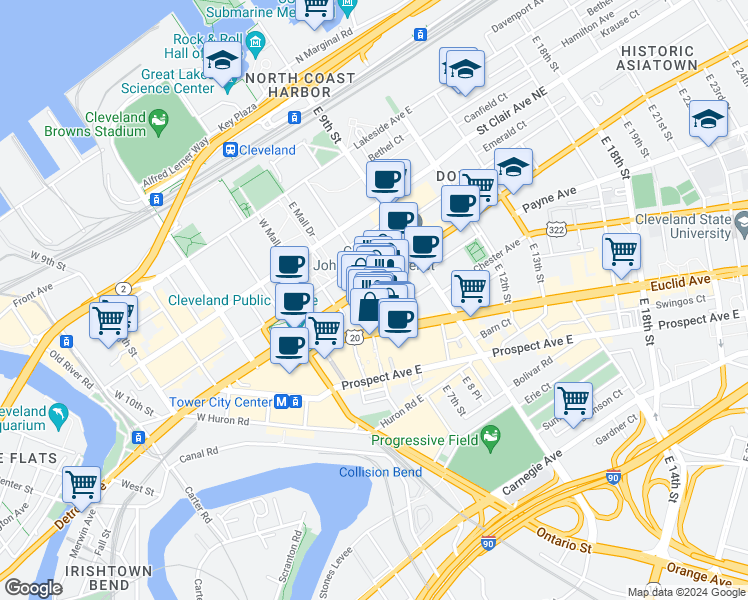 map of restaurants, bars, coffee shops, grocery stores, and more near 1900 East 6th Street in Cleveland
