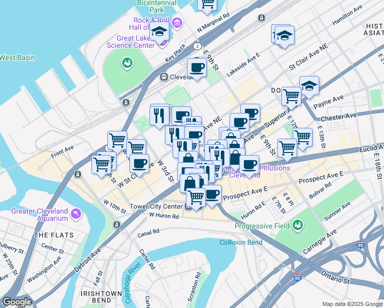 map of restaurants, bars, coffee shops, grocery stores, and more near 116 Rockwell Avenue in Cleveland