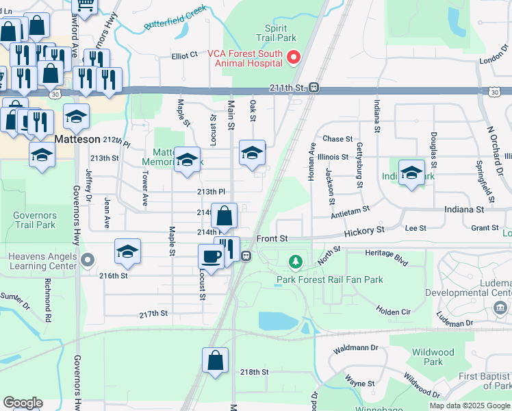 map of restaurants, bars, coffee shops, grocery stores, and more near 3529 214th Street in Matteson