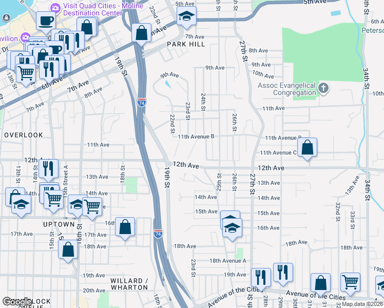 map of restaurants, bars, coffee shops, grocery stores, and more near 1196 23rd Street in Moline