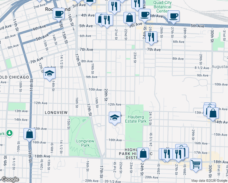 map of restaurants, bars, coffee shops, grocery stores, and more near 1015 20th Street in Rock Island