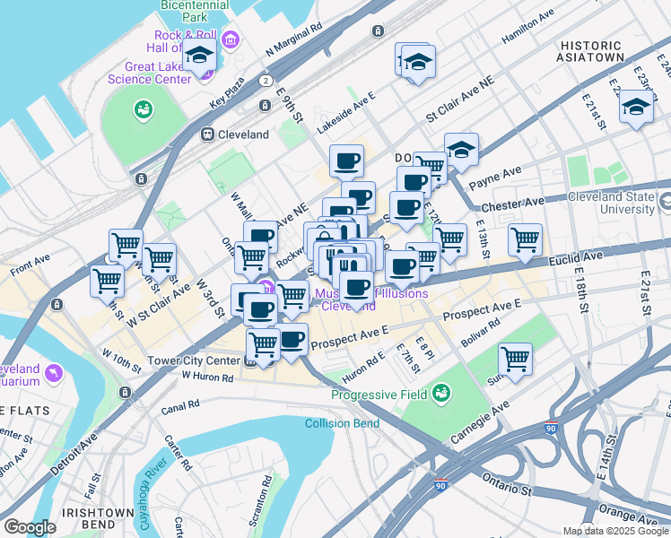 map of restaurants, bars, coffee shops, grocery stores, and more near 1900 East 6th Street in Cleveland
