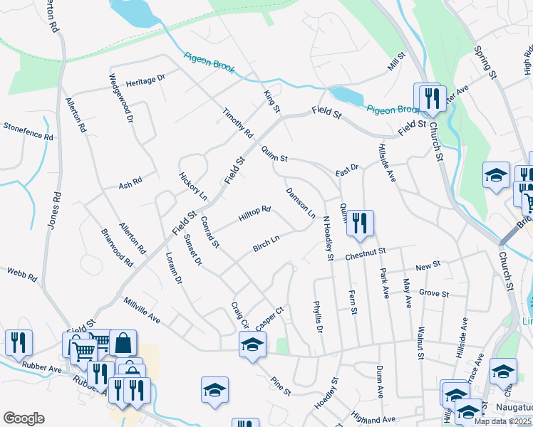 map of restaurants, bars, coffee shops, grocery stores, and more near 50 Hilltop Road in Naugatuck