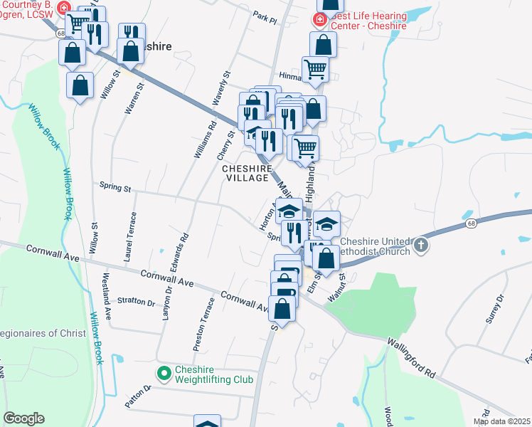 map of restaurants, bars, coffee shops, grocery stores, and more near 55 Horton Avenue in Cheshire