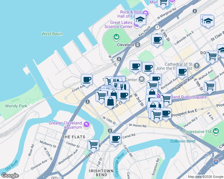 map of restaurants, bars, coffee shops, grocery stores, and more near 1220 West 6th Street in Cleveland