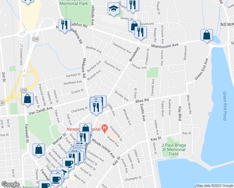 map of restaurants, bars, coffee shops, grocery stores, and more near 7 Brooks Avenue in Newport