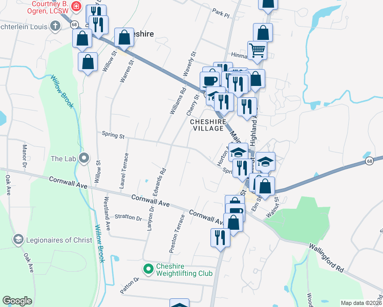 map of restaurants, bars, coffee shops, grocery stores, and more near 20 Ridgeview Place in Cheshire