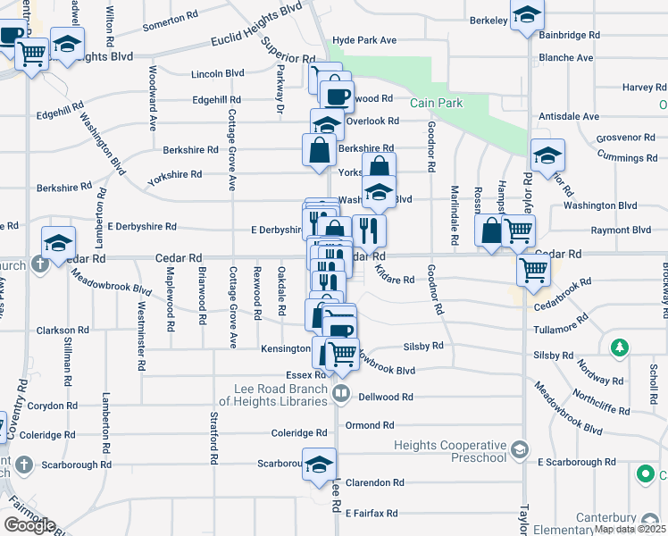 map of restaurants, bars, coffee shops, grocery stores, and more near 2163 Lee Road in Cleveland Heights