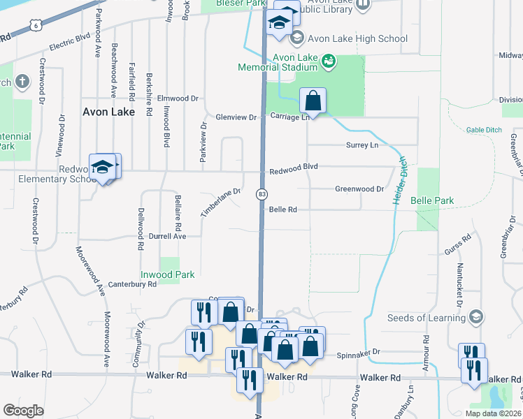map of restaurants, bars, coffee shops, grocery stores, and more near 44011 Belle Road in Avon Lake