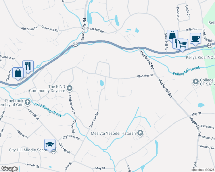 map of restaurants, bars, coffee shops, grocery stores, and more near 40 Donovan Court in Naugatuck