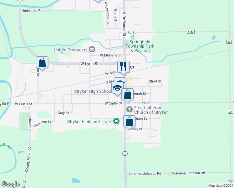 map of restaurants, bars, coffee shops, grocery stores, and more near 400 South Defiance Street in Stryker
