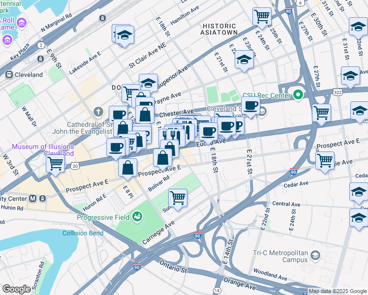 map of restaurants, bars, coffee shops, grocery stores, and more near 1422 Euclid Avenue in Cleveland