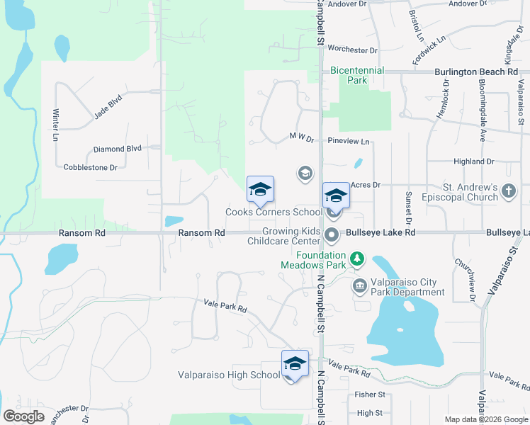 map of restaurants, bars, coffee shops, grocery stores, and more near 708 Ransom Road in Valparaiso