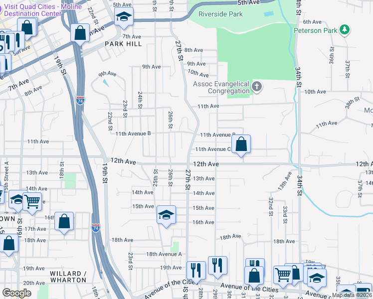map of restaurants, bars, coffee shops, grocery stores, and more near 1187 26th Street A in Moline