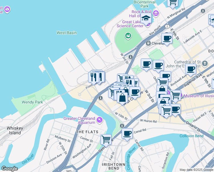 map of restaurants, bars, coffee shops, grocery stores, and more near 1138 West 9th Street in Cleveland