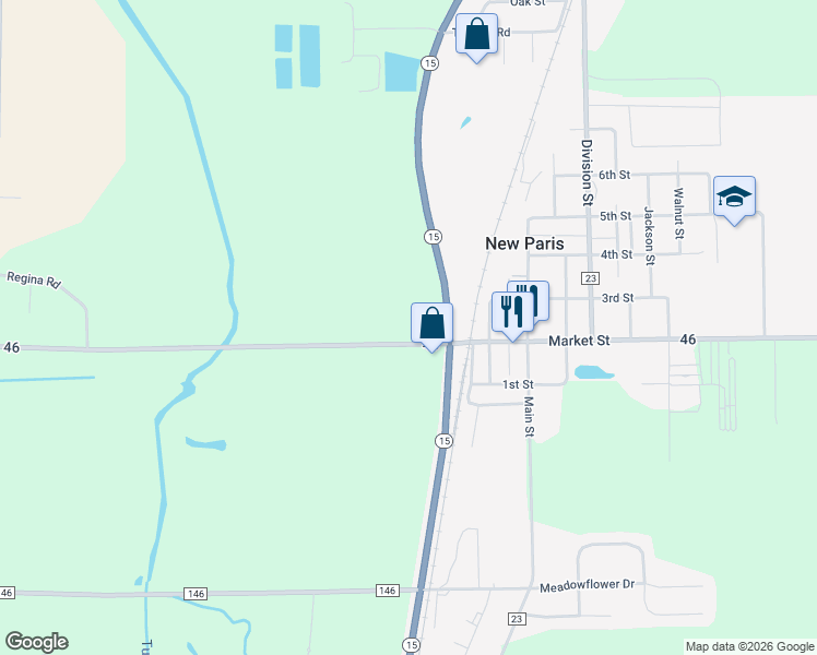 map of restaurants, bars, coffee shops, grocery stores, and more near 19127 County Road 46 in New Paris