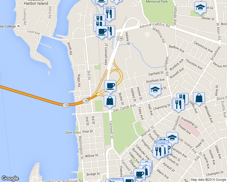 map of restaurants, bars, coffee shops, grocery stores, and more near 2 Southmayd Street in Newport