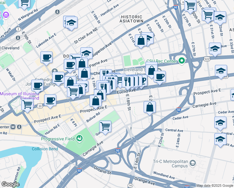 map of restaurants, bars, coffee shops, grocery stores, and more near 1710 Euclid Avenue in Cleveland
