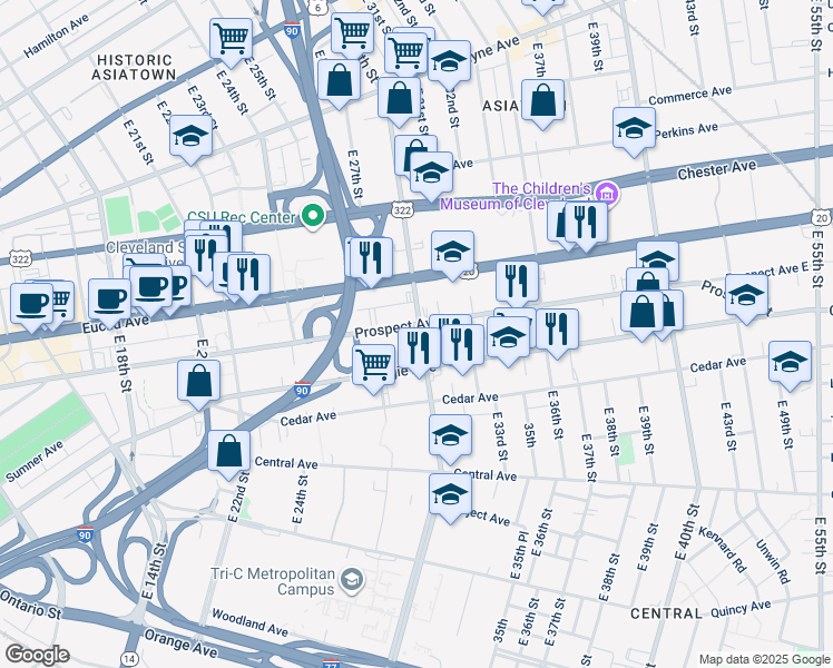 map of restaurants, bars, coffee shops, grocery stores, and more near 2062 East 30th Street in Cleveland