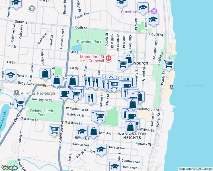 map of restaurants, bars, coffee shops, grocery stores, and more near 168 Broadway in Newburgh