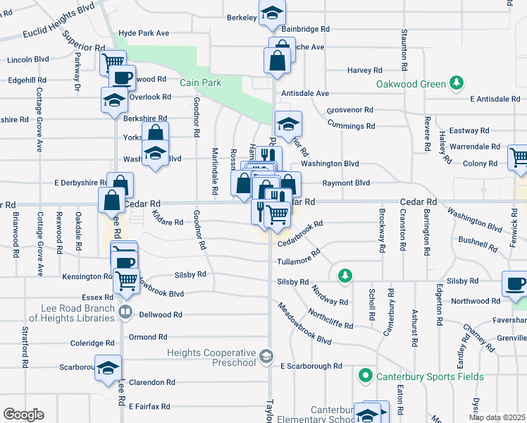 map of restaurants, bars, coffee shops, grocery stores, and more near 2176 South Taylor Road in Cleveland Heights