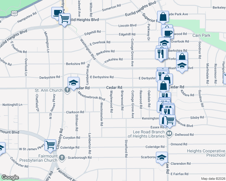 map of restaurants, bars, coffee shops, grocery stores, and more near 2169 Maplewood Road in Cleveland Heights