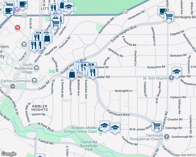 map of restaurants, bars, coffee shops, grocery stores, and more near 2493 Fairmount Boulevard in Cleveland Heights
