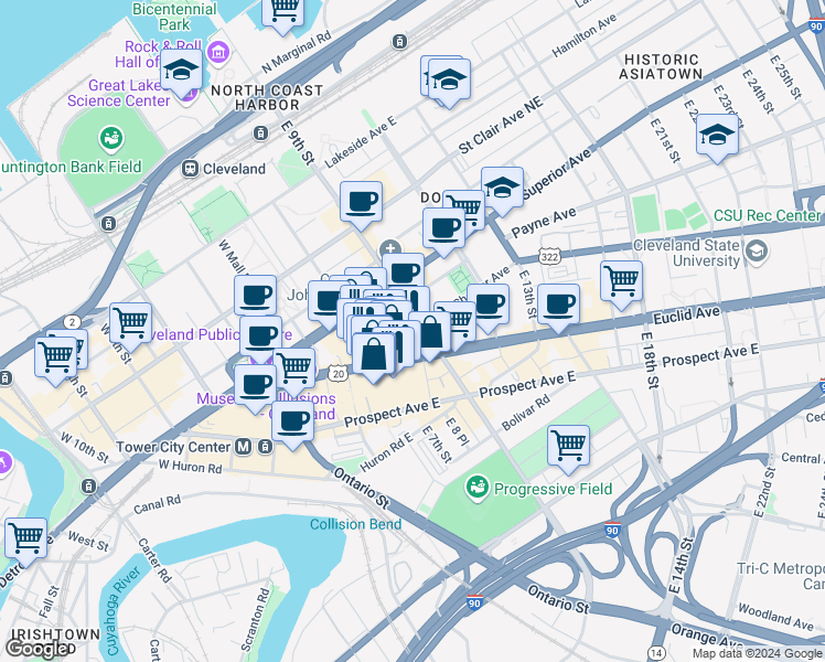 map of restaurants, bars, coffee shops, grocery stores, and more near 850 Vincent Avenue in Cleveland