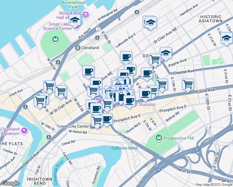 map of restaurants, bars, coffee shops, grocery stores, and more near 410 Superior Avenue in Cleveland