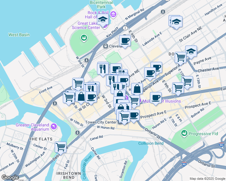 map of restaurants, bars, coffee shops, grocery stores, and more near 205 West Saint Clair Avenue in Cleveland