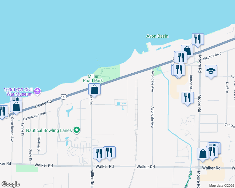 map of restaurants, bars, coffee shops, grocery stores, and more near 33687 Lake Road in Avon Lake