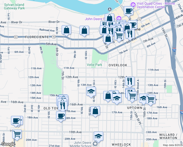 map of restaurants, bars, coffee shops, grocery stores, and more near 1109 12th Avenue in Moline