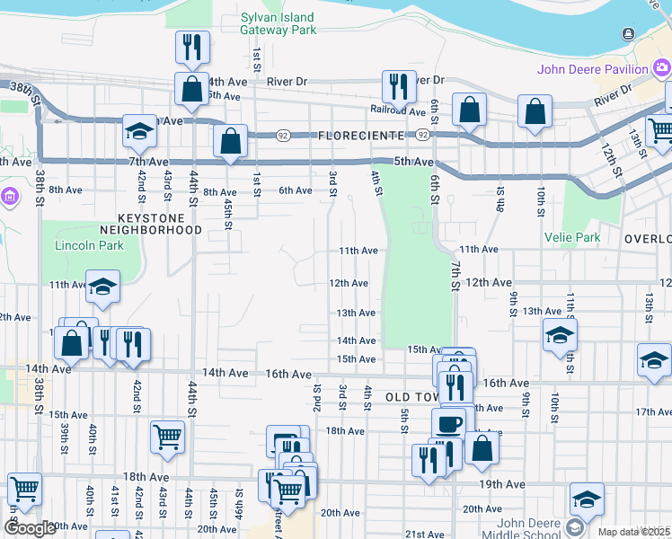 map of restaurants, bars, coffee shops, grocery stores, and more near 1127 3rd Street in Moline