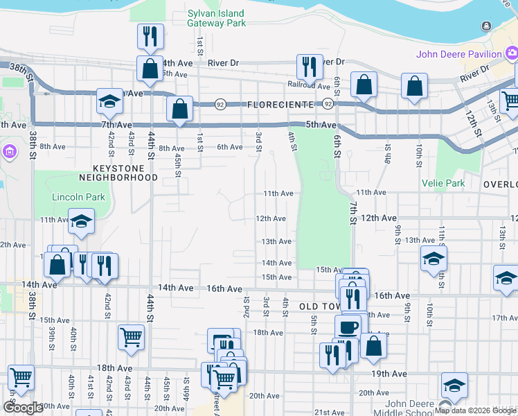 map of restaurants, bars, coffee shops, grocery stores, and more near 1127 3rd Street in Moline