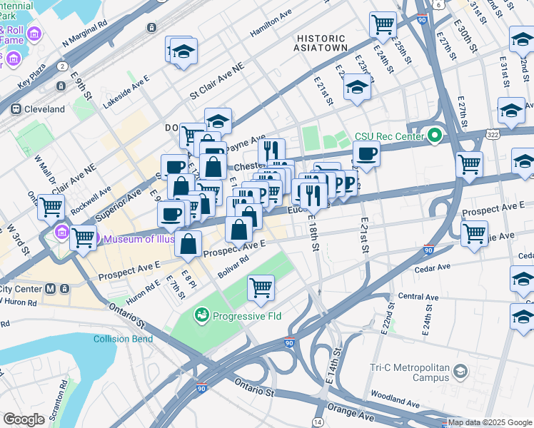 map of restaurants, bars, coffee shops, grocery stores, and more near 1422 Euclid Avenue in Cleveland