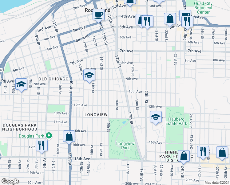 map of restaurants, bars, coffee shops, grocery stores, and more near 1000 16th Street in Rock Island