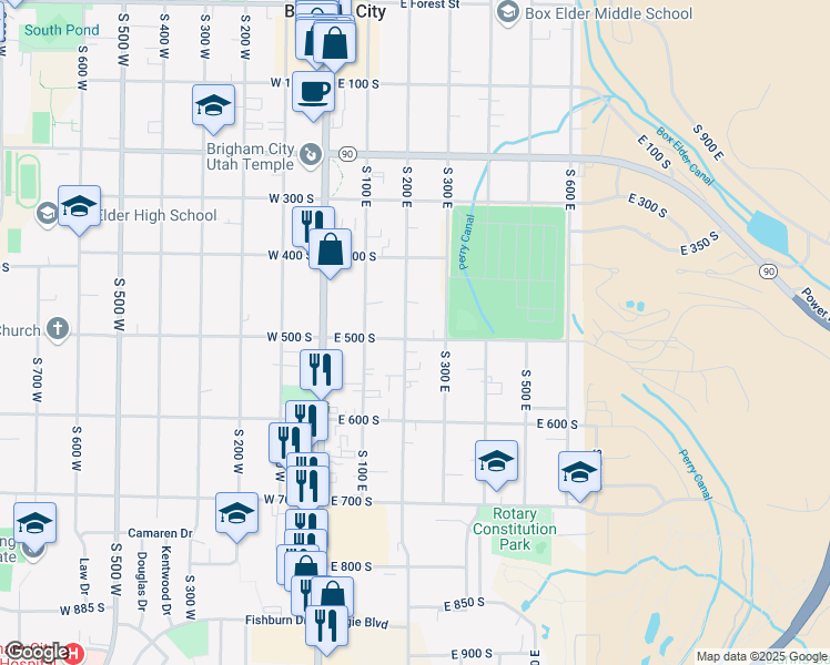 map of restaurants, bars, coffee shops, grocery stores, and more near 495 South 200 East in Brigham City
