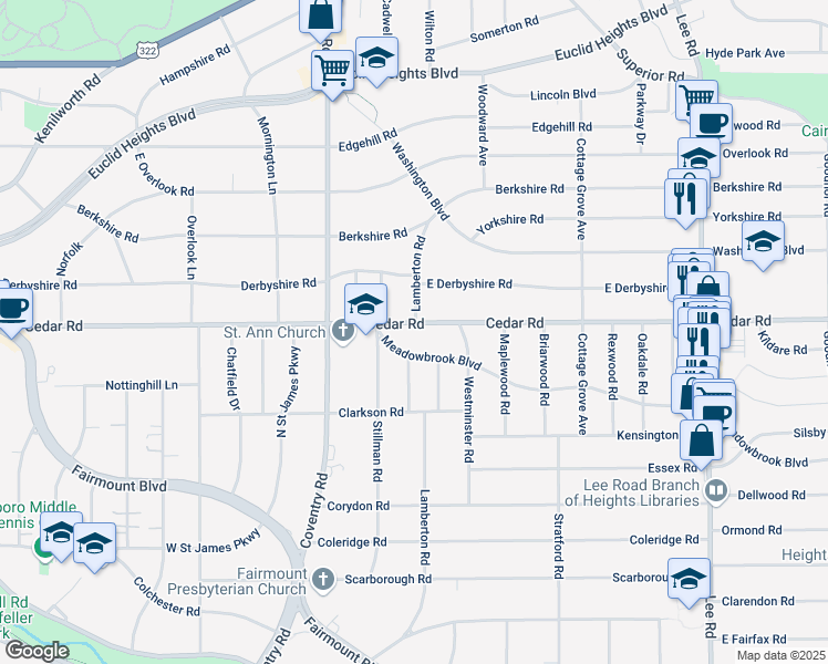 map of restaurants, bars, coffee shops, grocery stores, and more near 12878 Cedar Road in Cleveland Heights