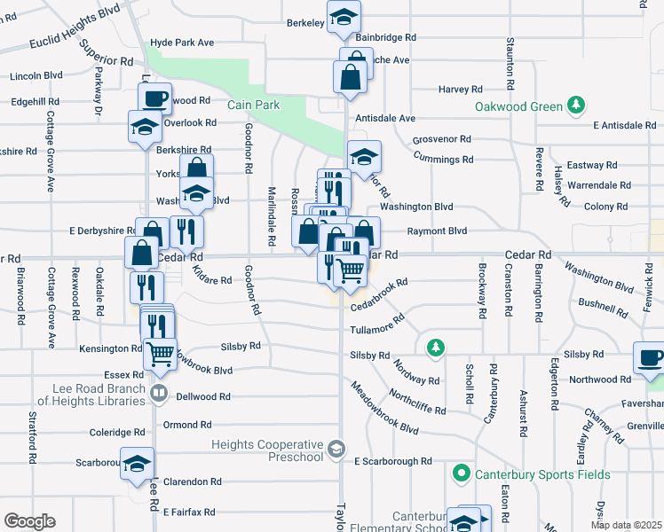 map of restaurants, bars, coffee shops, grocery stores, and more near 2176 South Taylor Road in Cleveland Heights