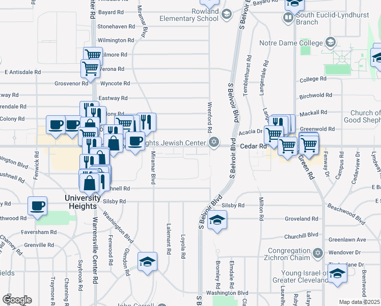 map of restaurants, bars, coffee shops, grocery stores, and more near 14246 Cedar Road in Cleveland