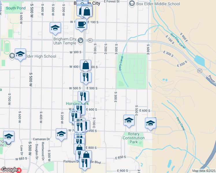 map of restaurants, bars, coffee shops, grocery stores, and more near 495 South 200 East in Brigham City
