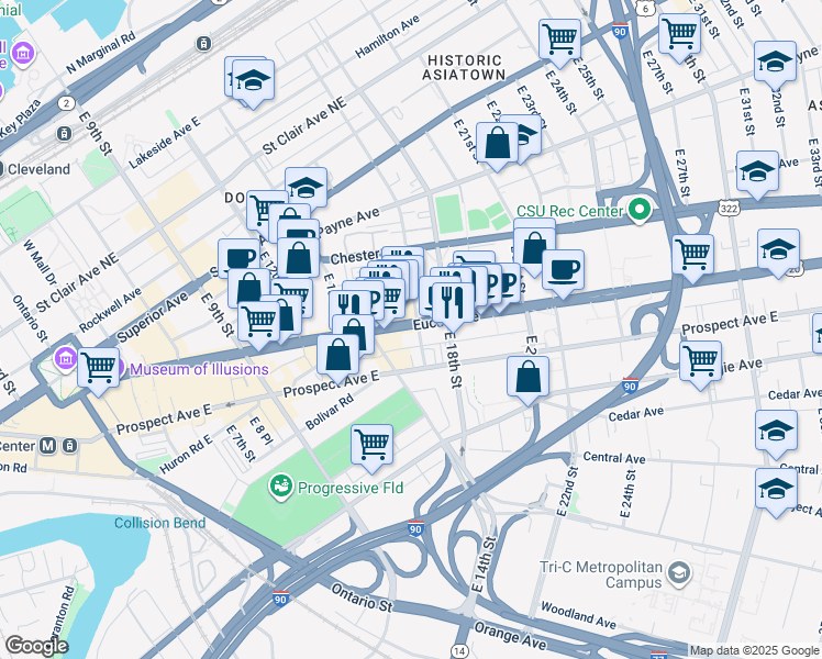 map of restaurants, bars, coffee shops, grocery stores, and more near 1600 Euclid Avenue in Cleveland