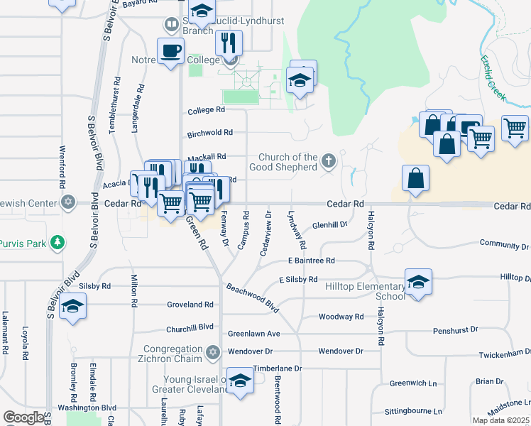 map of restaurants, bars, coffee shops, grocery stores, and more near 2132 Cedarview Drive in Beachwood