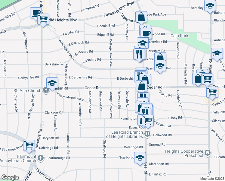 map of restaurants, bars, coffee shops, grocery stores, and more near 2159 Cottage Grove Avenue in Cleveland Heights
