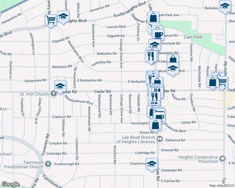 map of restaurants, bars, coffee shops, grocery stores, and more near 13044 Cedar Road in Cleveland Heights