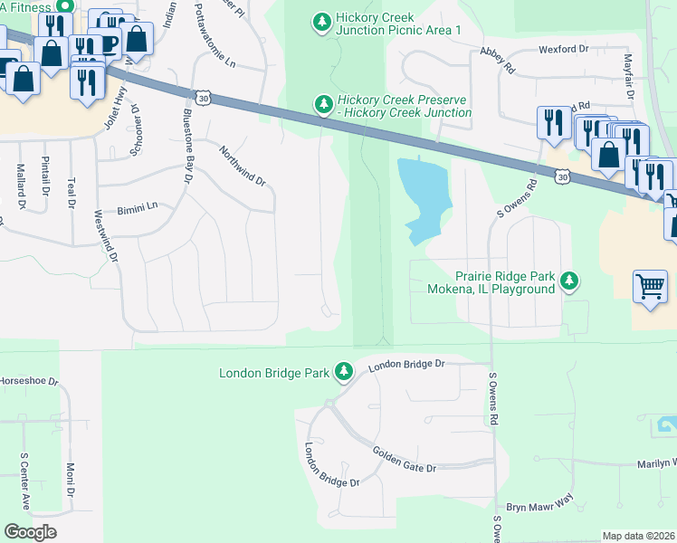 map of restaurants, bars, coffee shops, grocery stores, and more near 21349 Prestancia Drive in Mokena