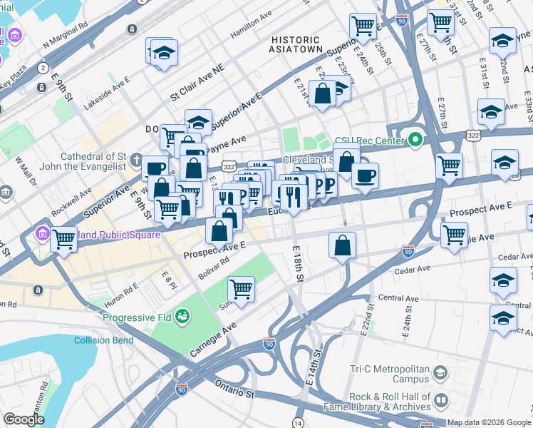 map of restaurants, bars, coffee shops, grocery stores, and more near 1710 Euclid Avenue in Cleveland